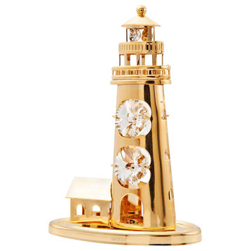 24K Gold Plated Crystal Studded Lighthouse Ornament With Clear Crystals