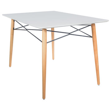 LeisureMod Dover 4' Square Top Dinin Table, Natural Wood Eiffel Base, White