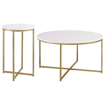 2-Piece Round Coffee Table Set, White Faux Marble/Marble/Gold