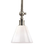 Hudson Valley Lighting - Darien, One Light 8-inch Pendant, Historic Nickel Finish, Glass Shade - Thoughtfully scaled, Darien highlights details drawn from America's rich design heritage. The collection's uniquely crafted metalwork garners special attention. An oversized decorative swivel makes a memorable focal point, while ring details on the socket holder enhance the cast construction. Darien's intricate metalwork is set off by the angularity of the conical shades.