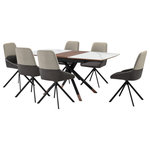 Armen Living - Alora Maverick Extendable 7 Piece Dining Set With Swivel Chairs - The Alora Maverick Extendable 7 Piece Dining Set with Swivel Chairs includes 6 Maverick swivel dining chairs and 1 Alora extendable dining table. The dining room chairs blend crisp lines and sleek details to lend a dose of comfort and style. They feature soft upholstery to serve as a chic and comfortable accent for any room. Elevated upon pyramid-shaped, black metal legs, the kitchen chairs remain an effortless and versatile addition to your home. They feature a tall, scoop-back to provide long-lasting comfort and support, enabling you to sit for long hours. Our dining table chair can serve as a stylish and comfy office chair or provide a comfortable seat in your living room. The Maverick includes a wonderful 180 - degree swivel function to offer maximum mobility and ease with following conversations. The Maverick is upholstered in a soft polyester fabric or UV and stain-resistant faux leather which does not crack or fade easily to provide easy maintenance. The tabletop features a harmonious combination of light gray ceramic with a walnut finished wood accent in its center. Rounded edges attain a soft silhouette, and the metal cross leg base brings a cool touch with the copper caps. This table can easily extend from 51" to 67" to comfortably seat up to six of your closest friends or family members. From a perfect spot to enjoy your casual meals to a luxe place to host your formal dinners, our dining table remains a versatile and stylish addition to your home. The table is expertly crafted to offer durability and easy maintenance. This kitchen dining set is available in 5- or 7-piece set configurations and your choice of two-tone gray fabric or taupe gray faux leather upholstery.