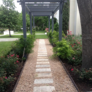 Pea gravel walk under steel pergola with Wisteria vine