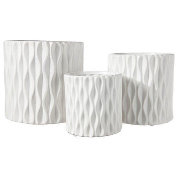 Round Ceramic Pot with Embossed Wave Pattern Matte White Finish, Set of 3