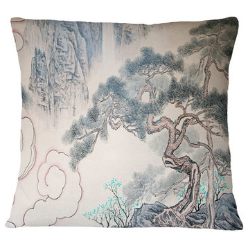 Chinese Blue Tree Art Floral Painting Throw Pillow, 18"x18"