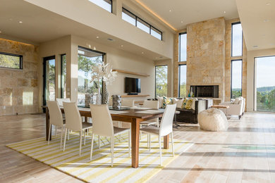 Mid-sized minimalist light wood floor great room photo in Austin with beige walls