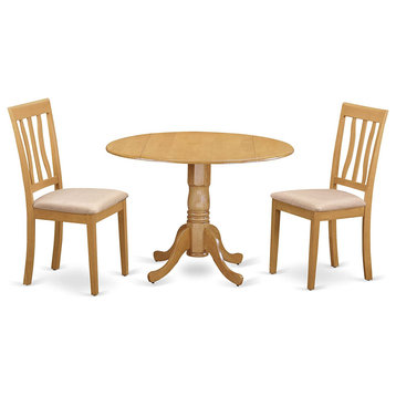 3 Pieces Dining Set, Table With Drop Leaves & Cushioned Chairs, Oak/Fabric