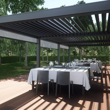 Adjustable motorized louvered pergola awnings