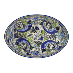 Le Souk Ceramique - Stoneware Poultry Platter, Aqua Fish Design - Serving Dishes And Platters