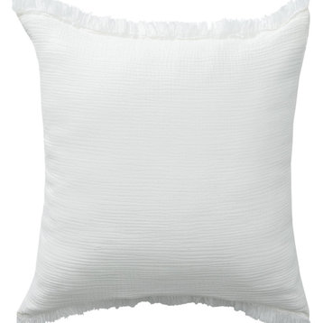 Cream/ Beige Solid Fringed Organic Turkish Cotton Throw Pillow, White
