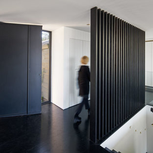 Idee per un ingresso o corridoio minimalista con pareti bianche, pavimento in compensato, una porta a pivot e una porta nera