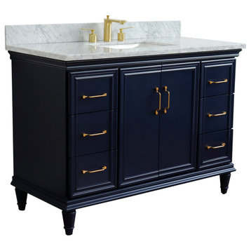 49" Single Sink Vanity, Blue Finish With White Carrara Marble