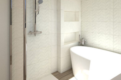 Cette image montre une salle d'eau blanche et bois traditionnelle de taille moyenne avec une baignoire posée, une douche ouverte, un carrelage blanc, un mur blanc, un sol en bois brun, un sol marron et une niche.