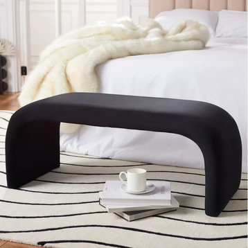 Contemporary Bench, Upholstered Velvet Fabric Seat & Waterfall Legs, Black
