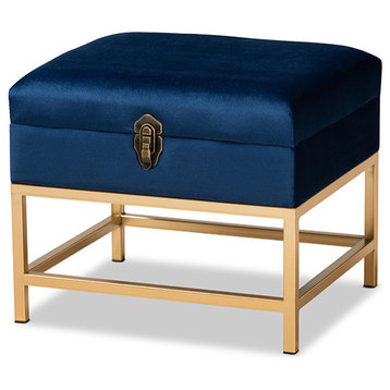 Garten Glam Luxe Velvet Upholstered and Gold Storage Ottoman, Navy Blue, Small