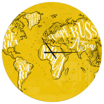 Vintage Yellow Worldmap Oversized Global Metal Clock, 36x36