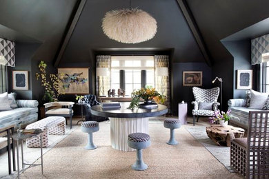 Example of a huge trendy formal and loft-style carpeted and multicolored floor living room design in DC Metro with gray walls and no fireplace