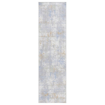 Safavieh Machine Washable Bayside Collection, Grey / Ivory Blue, 2'2"x8'