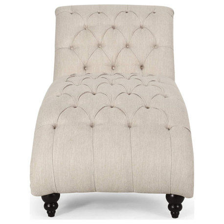 Contemporary Chaise Lounge, Comfortable Seat With Diamond Button Tufting, Beige