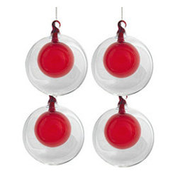 Mouth-Blown Double Globes - Red - Set of 4 - New - Christmas Ornaments