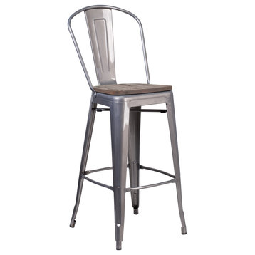 30" Indoor Clear Coated Metal Bar Height Stool With Slatted Back and Wood Seat