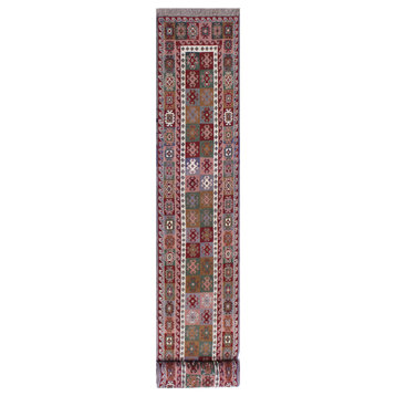Antique Rustic Soumak Sage Red/Gray Wool Rug - 2'4'' x 11'7''