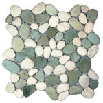 CNK Tile - Sea Green and White Pebble Tile - Each pebble is carefully selected and hand-sorted according to color, size and shape in order to ensure the highest quality pebble tile available. The stones are attached to a sturdy mesh backing using non-toxic, environmentally safe glue. Because of the unique pattern in which our tile is created they fit together seamlessly when installed so you can't tell where one tile ends and the next begins!