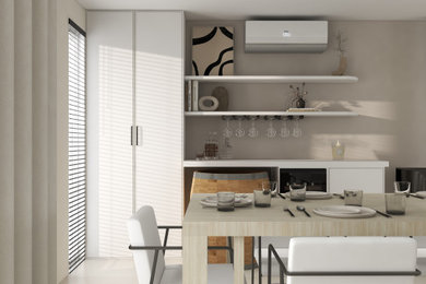 Inspiration for a large modern ceramic tile and gray floor great room remodel in Other with beige walls and a wood stove