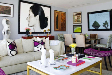 Inspiration for a mid-sized eclectic enclosed dark wood floor living room remodel in Miami with gray walls