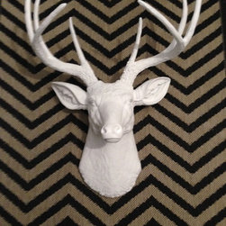 White Deer Head on Chevron Burlap - Home Decor