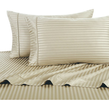 600 Thread Count Egyptian Cotton Stripe Duvet Cover Set, Olympic Queen, Beige