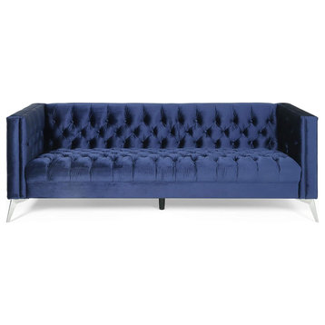 Elegant Sofa, Silver Legs and Diamond Button Tufted Velvet Seat, Midnight Blue