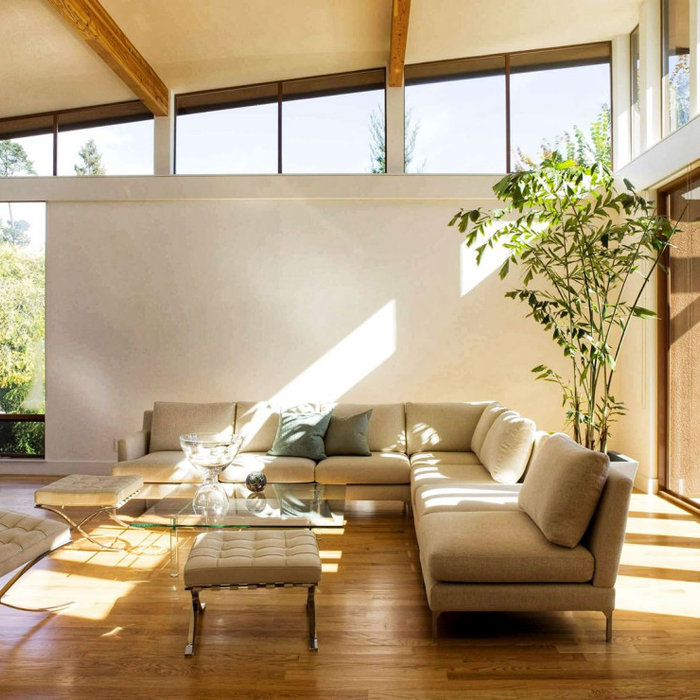 Living room with clerestory windows, natural ventilation & healthy materials.