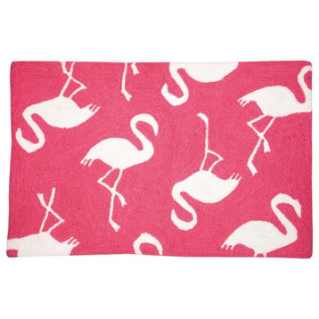 Beachy White Flamingos on Bright Pink Accent Throw Rug 34 X 22 Inches
