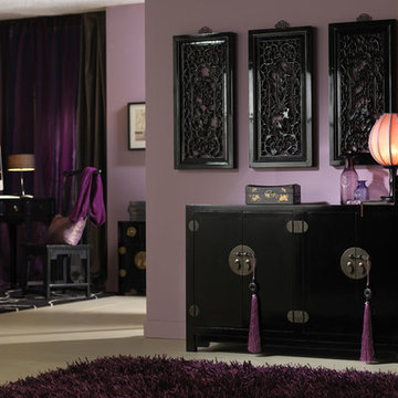 Black lacquer Chinese sideboard with carved wall panels above