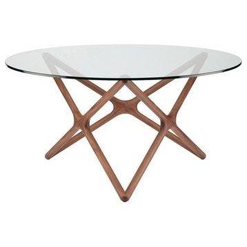Maklaine 59" Round Glass Top Dining Table in Walnut
