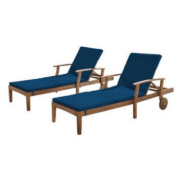 GDF Studio Daisy Outdoor Teak Finish Chaise Lounge, Blue, Set of 2