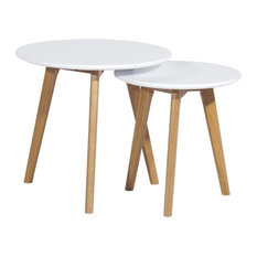 White and Oak Round Nesting Coffee Tables, Set of 2