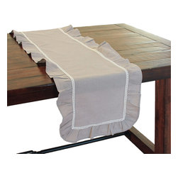 Xia Home Fashions - Ruffle Trim Taupe with White Lace Table Runner - Table Runners