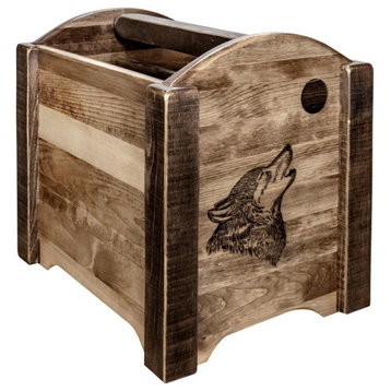 Montana Woodworks Homestead Wood Magazine Rack with Wolf Design in Brown