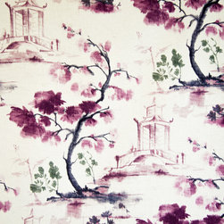 Oriental toile fabric purple ink wash painting literati pagoda - Fabric