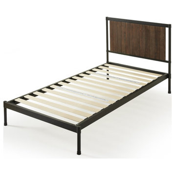 Modern Industrial Platform Bed, Metal Frame With Grooved Brown Headboard, Twin