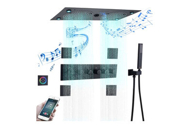 Ancona Matte Black Thermostatic Recessed Ceiling Mount LED Rainfall Musical Shower System with Jetted Body Sprays and Hand Shower