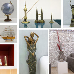 Detailed views of varied Travel theme Table and Floor decor. - Sculptures