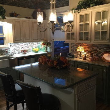 cabinet refacing--glazed antique white with new granite and backsplash