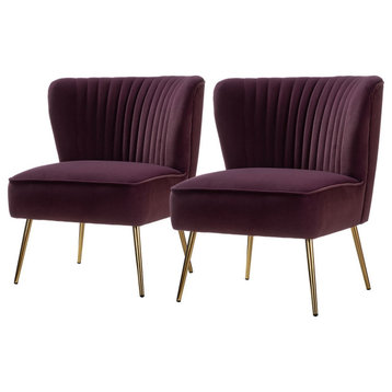 Set of 2 Accent Chair, Angled Legs With Velvet Seat & Channeled Back, Purple