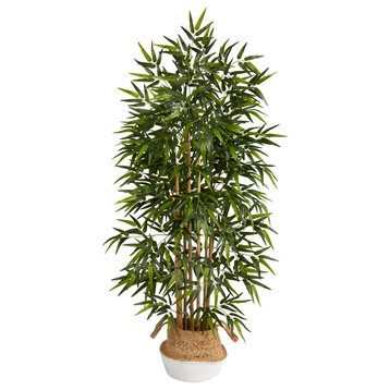 64" Bamboo Faux Tree W/Natural Bamboo Trunks Cotton & Jute Woven Planter