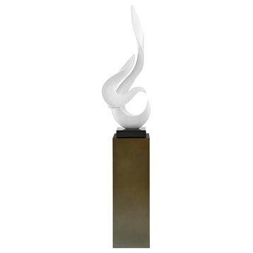 Flame Resin Handmade Floor Sculpture With Stand, White Sculpture/Gray Stand