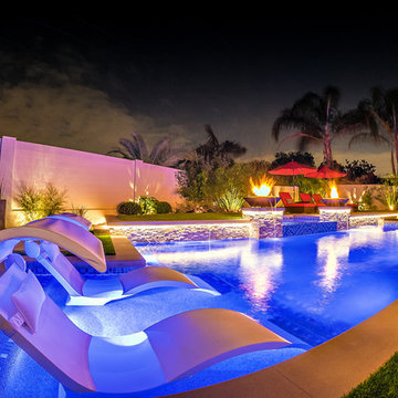 Modern Pool, Elevated Spa, Outdoor Kitchen, and Firepit