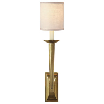 French Deco Horn Sconce in Hand-Rubbed Antique Brass with Linen Shade
