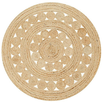 Farmhouse Round Area Rug, Braided Natural Jute With Unique Circle Accents, 9'